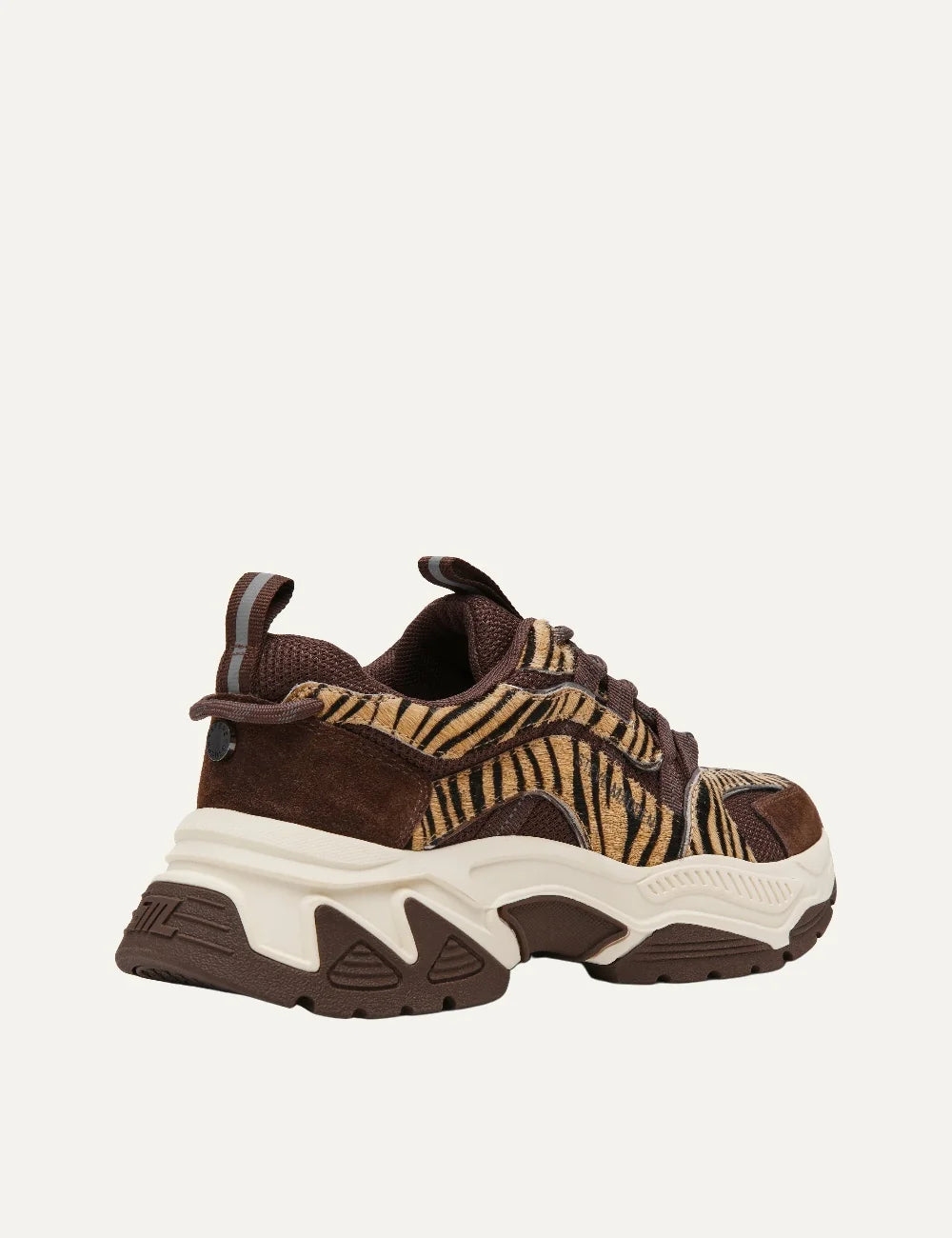 Steve Madden women's chunky sneakers in brown and taupe with tiger stripe patterned fabric panels, dark brown suede overlays, mesh inserts, brown lace-up fastening and oversized cream and brown sculpted sole,  back view