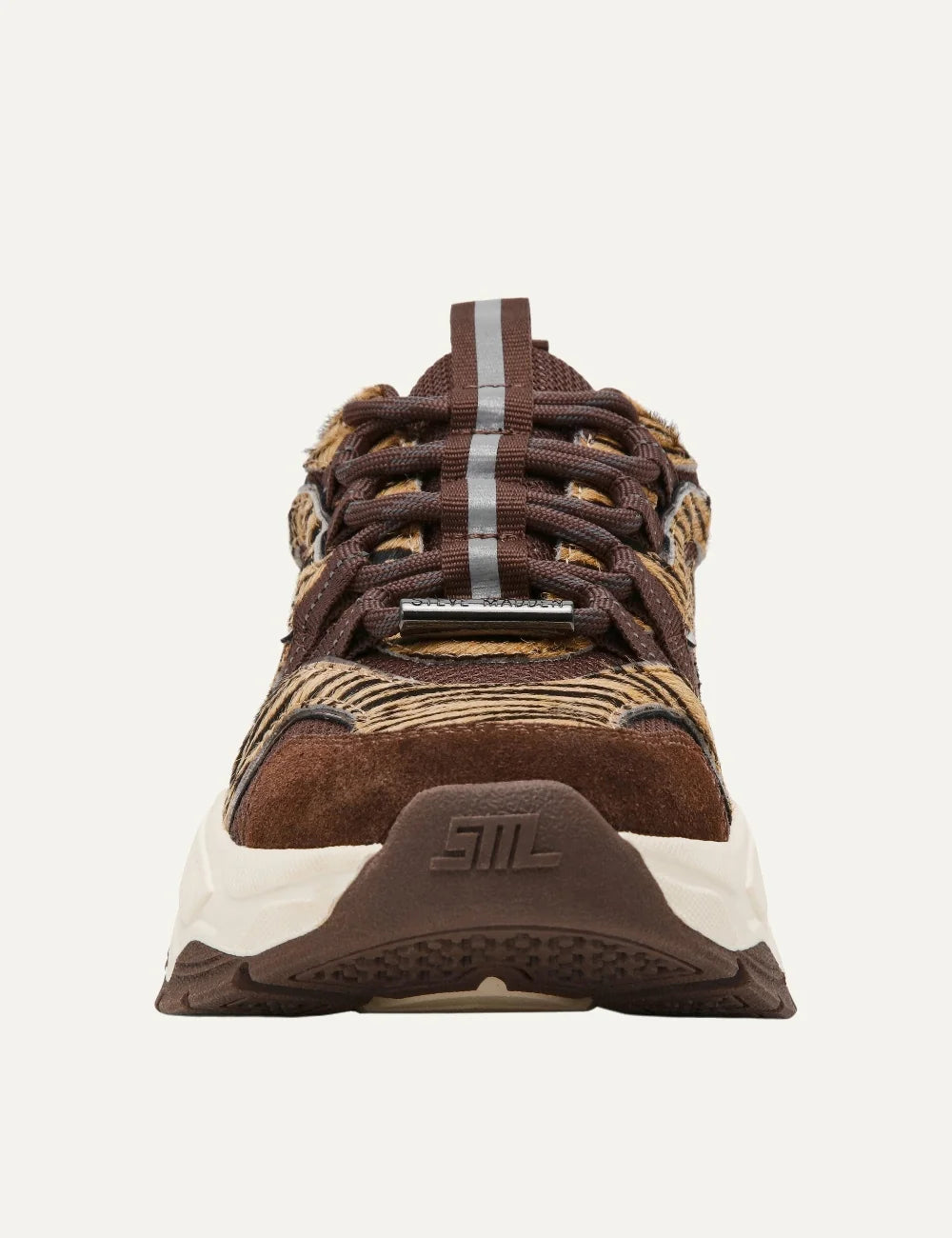 Steve Madden women's chunky sneakers in brown and taupe with tiger stripe patterned fabric panels, dark brown suede overlays, mesh inserts, brown lace-up fastening and oversized cream and brown sculpted sole,  front view
