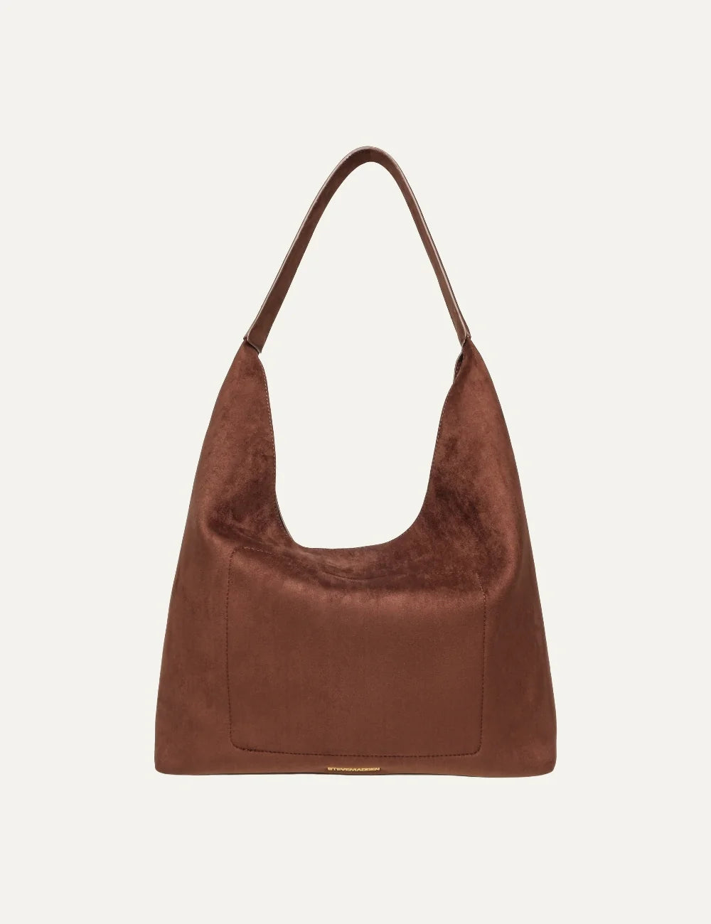 Steve Madden women's chocolate brown suede effect hobo shoulder bag with single long strap, deep U shaped opening, large front patch pocket and gold tone logo, back view