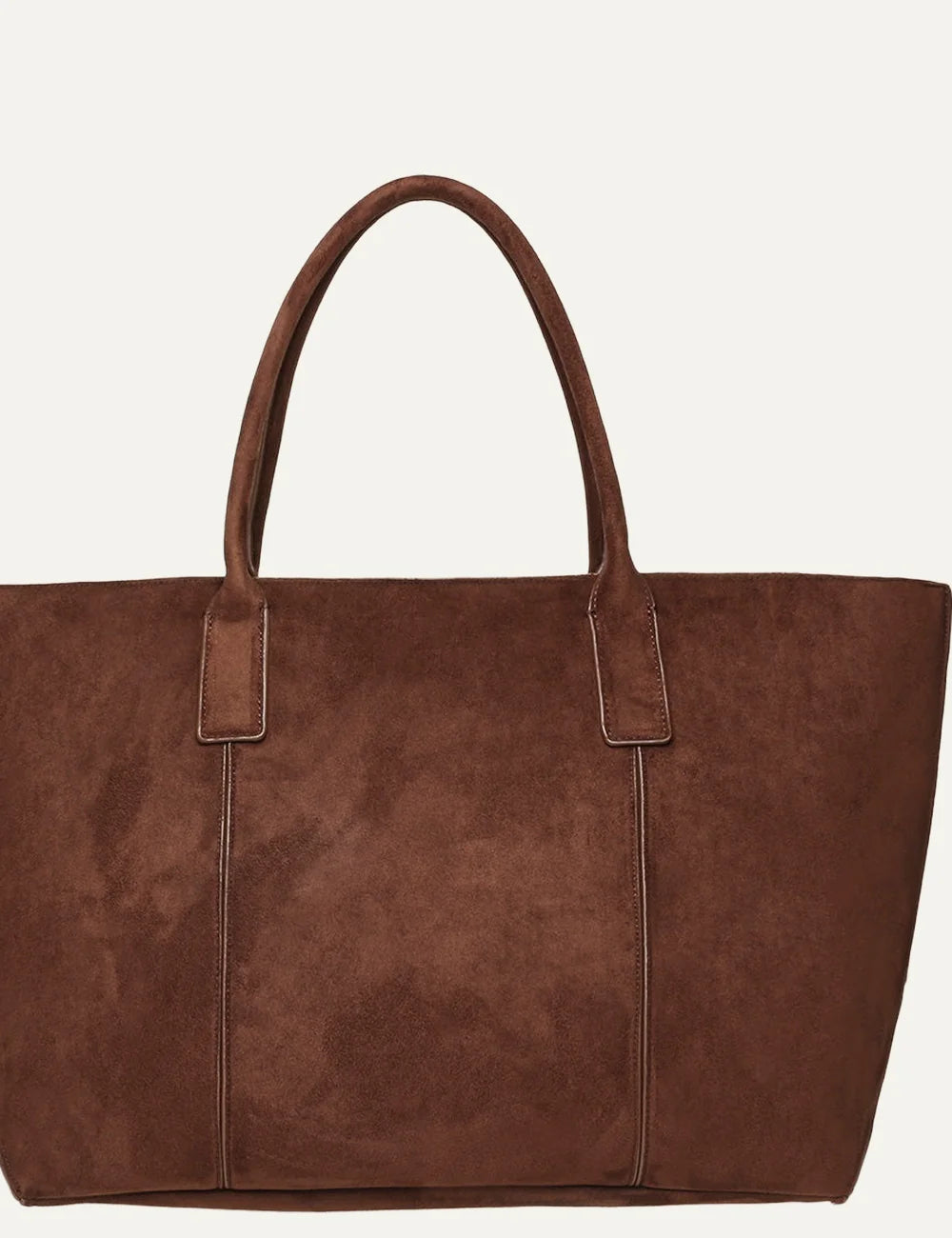 Steve Madden women's chocolate brown suede effect fabric tote bag with spacious trapezoid silhouette, two long shoulder handles, vertical stitched panels and small gold tone logo, back view