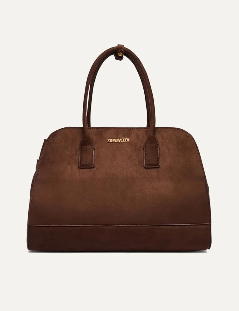 Steve Madden women's chocolate brown suede leather structured shoulder bag with two long handles, curved top, gold tone front logo, zip closure and reinforced base, front view.