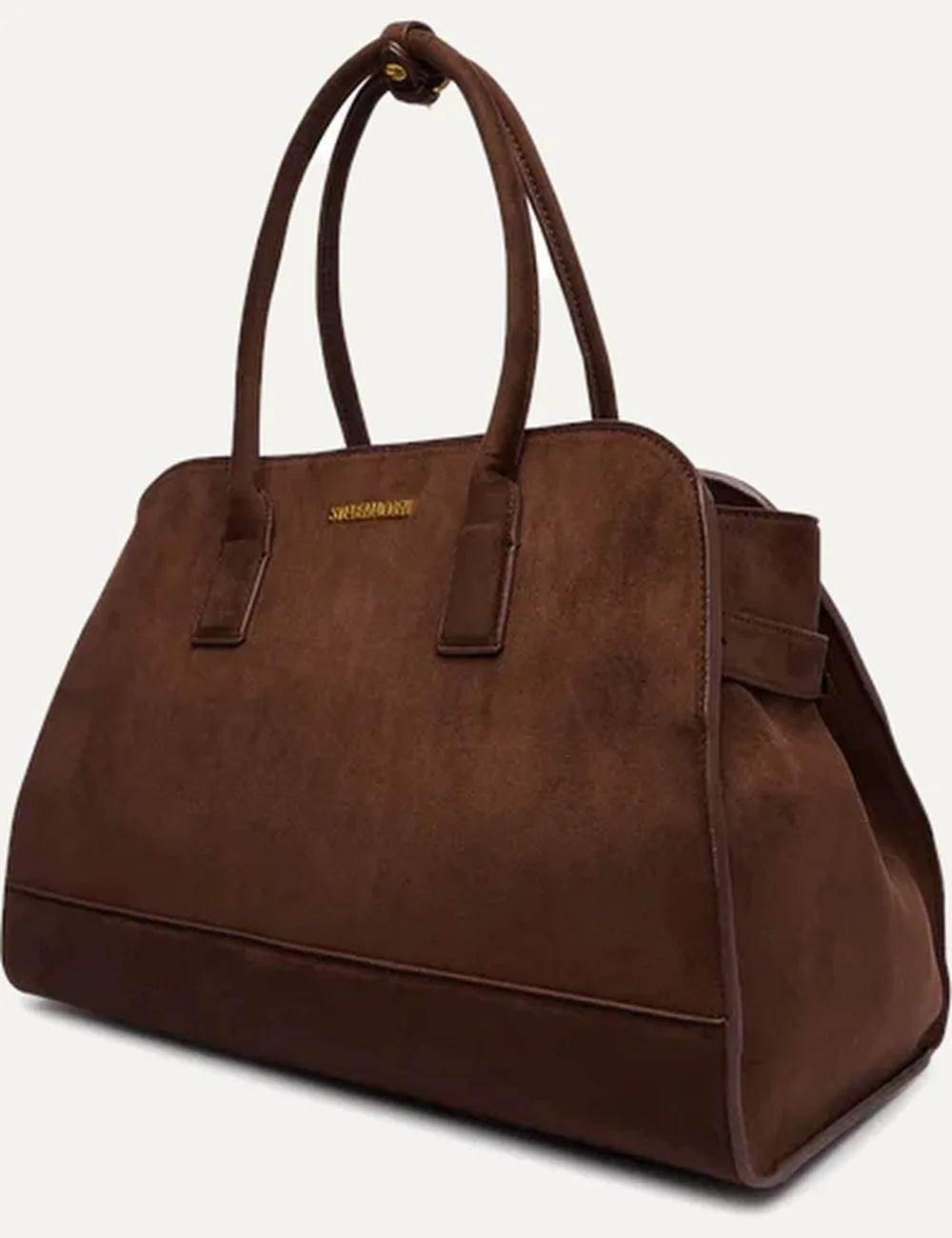 Steve Madden women's chocolate brown suede leather structured shoulder bag with two long handles, curved top, gold tone front logo, zip closure and reinforced base, side view