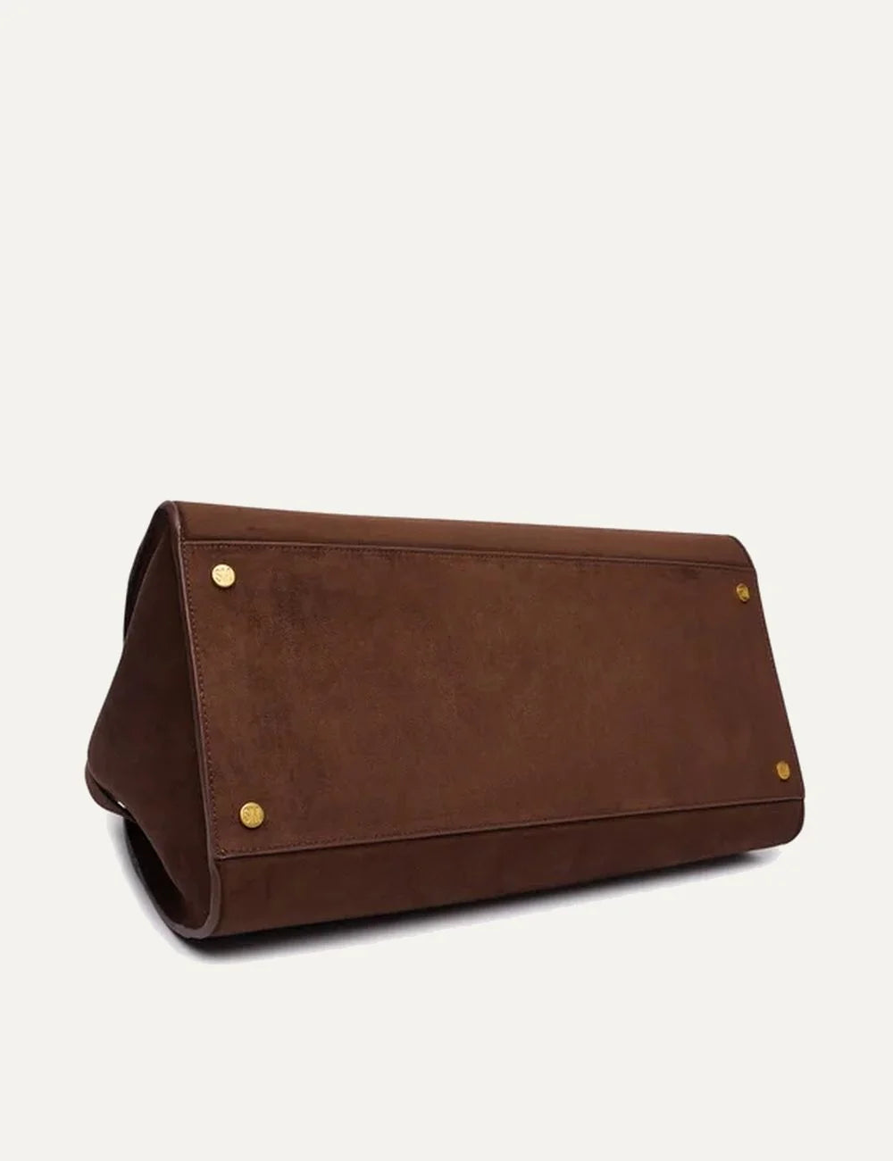 Steve Madden women's chocolate brown suede leather structured shoulder bag with two long handles, curved top, gold tone front logo, zip closure and reinforced base, bottom view
