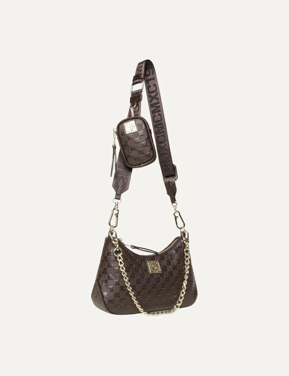 Steve Madden women's dark brown monogram faux leather shoulder bag with gold tone chain, adjustable logo webbing strap, detachable mini zip pouch, top zipper and gold front logo plaque, side view