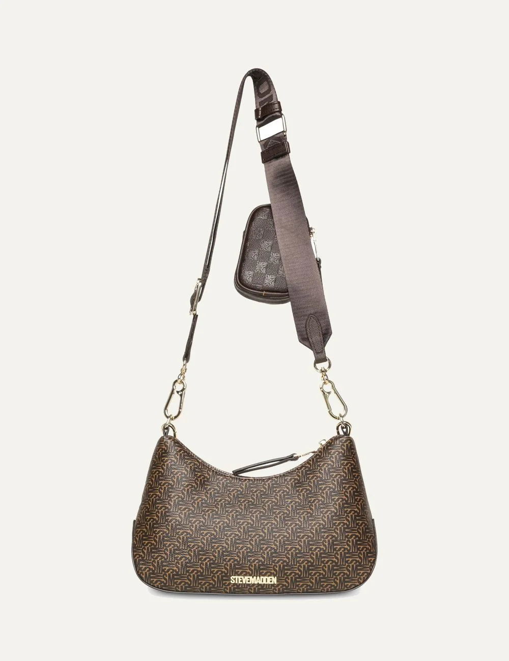 Steve Madden women's dark brown monogram faux leather shoulder bag with gold tone chain, adjustable logo webbing strap, detachable mini zip pouch, top zipper and gold front logo plaque, back view