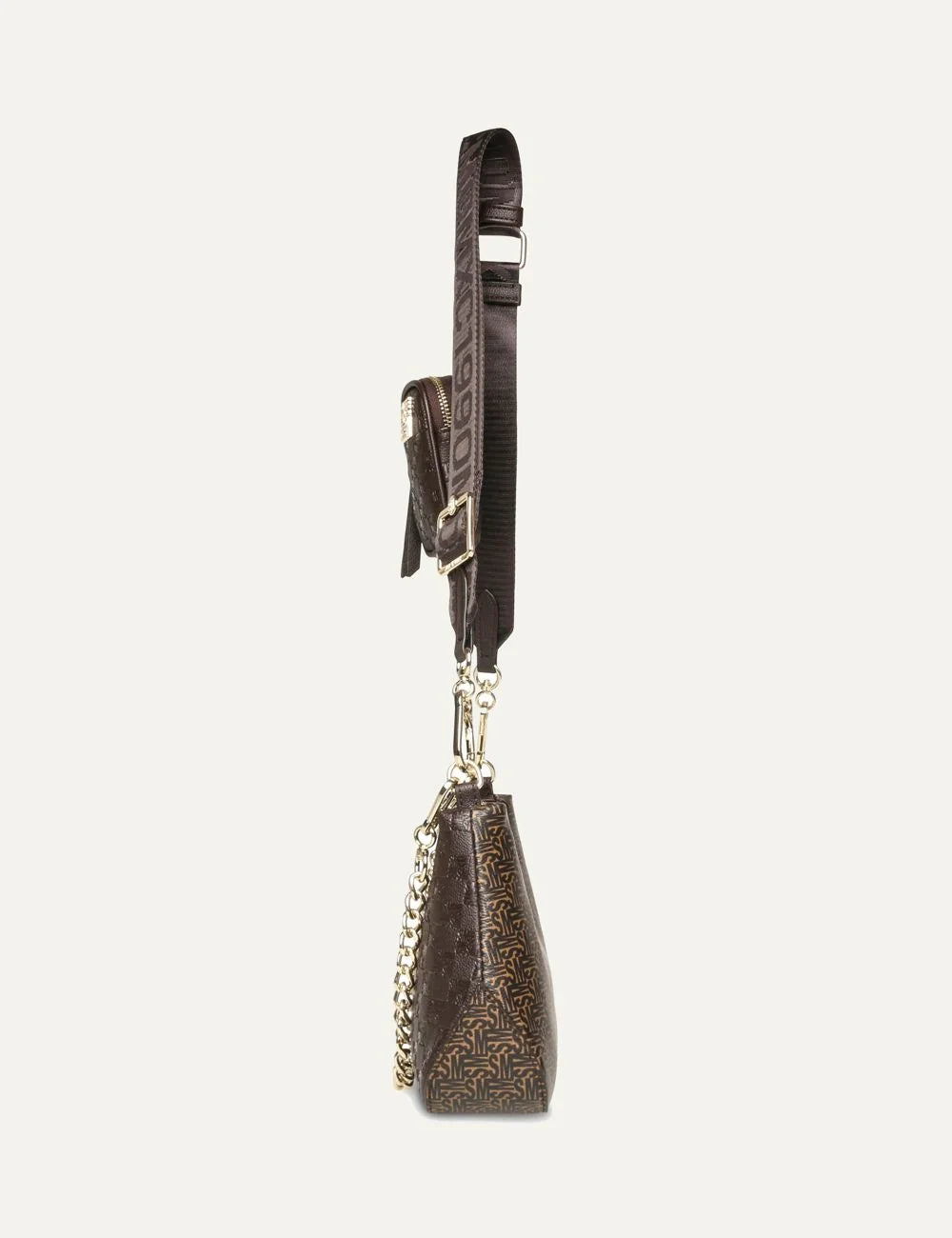 Steve Madden women's dark brown monogram faux leather shoulder bag with gold tone chain, adjustable logo webbing strap, detachable mini zip pouch, top zipper and gold front logo plaque, side view