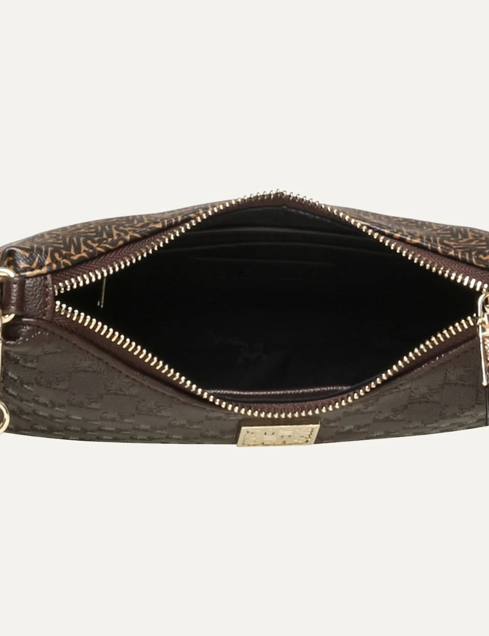Steve Madden women's dark brown monogram faux leather shoulder bag with gold tone chain, adjustable logo webbing strap, detachable mini zip pouch, top zipper and gold front logo plaque, interior view