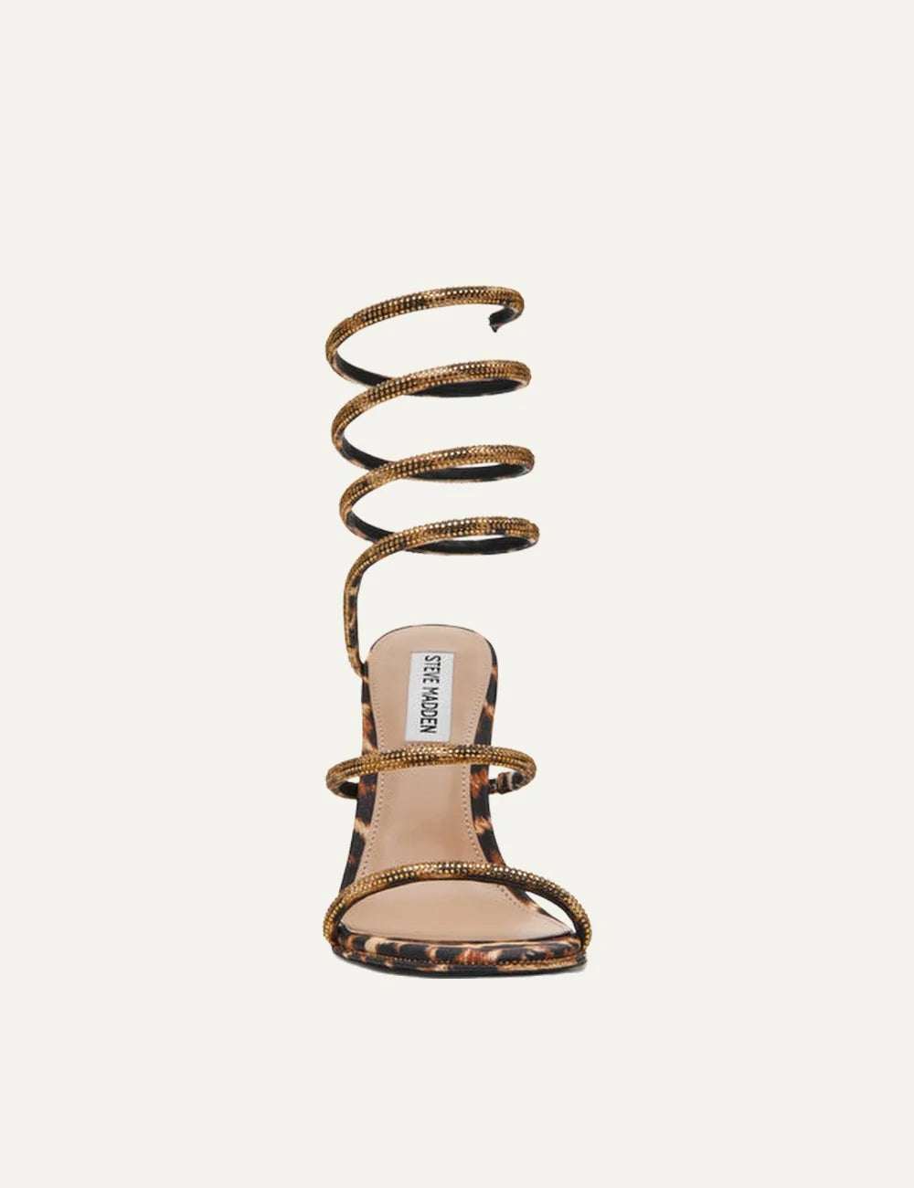 Steve Madden women's leopard print high heel sandals with gold rhinestone embellished straps, spiral wraparound ankle and calf strap, square open toe and 10.2 cm stiletto heel, front view