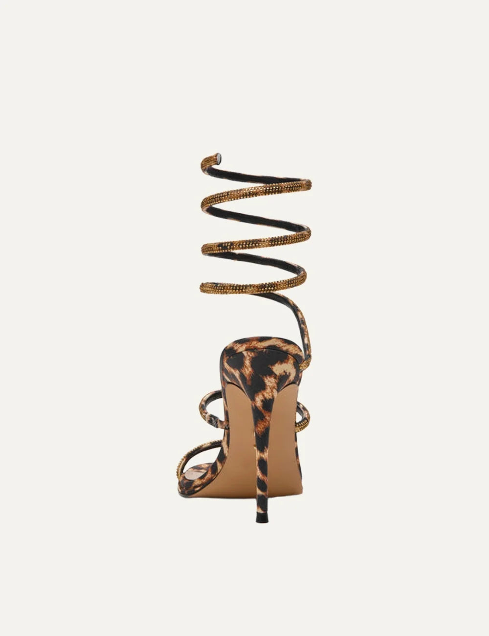 Steve Madden women's leopard print high heel sandals with gold rhinestone embellished straps, spiral wraparound ankle and calf strap, square open toe and 10.2 cm stiletto heel, back view
