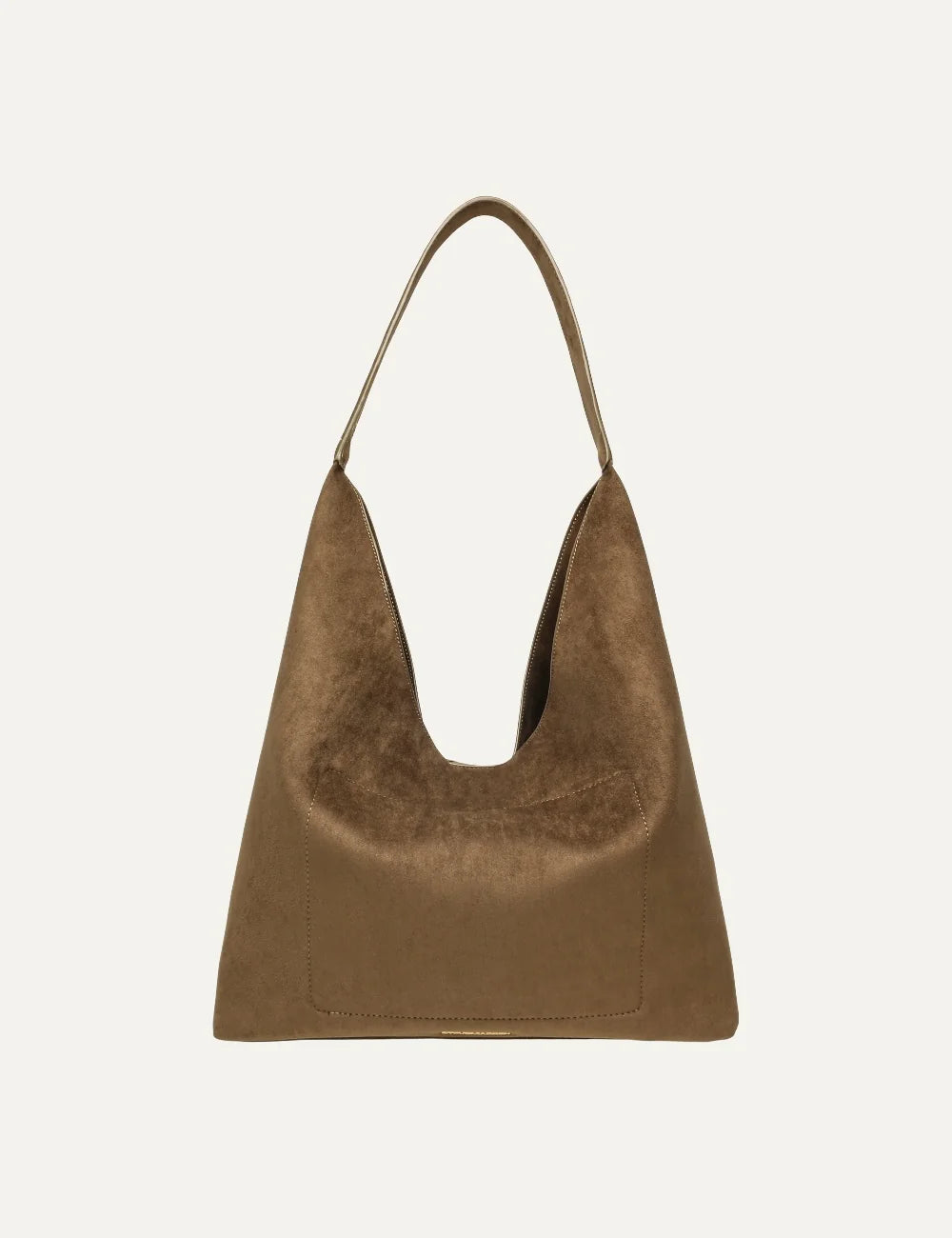 Steve Madden women's olive green suede effect fabric hobo shoulder bag with single long strap, deep U shaped opening, large front patch pocket and relaxed silhouette, front view.