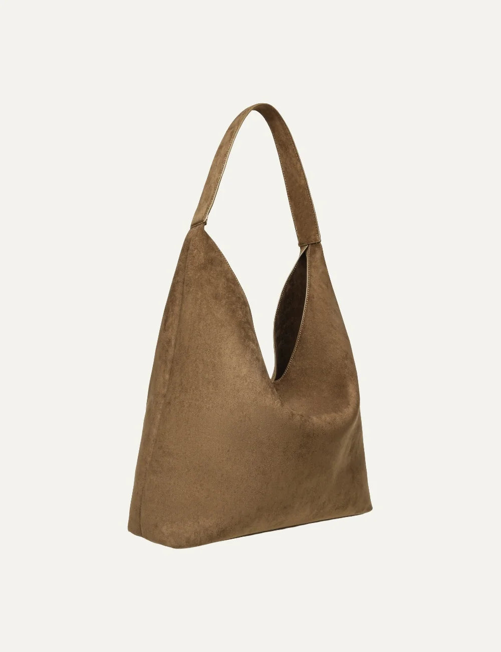 Steve Madden women's olive green suede effect fabric hobo shoulder bag with single long strap, deep U shaped opening, large front patch pocket and relaxed silhouette, side view