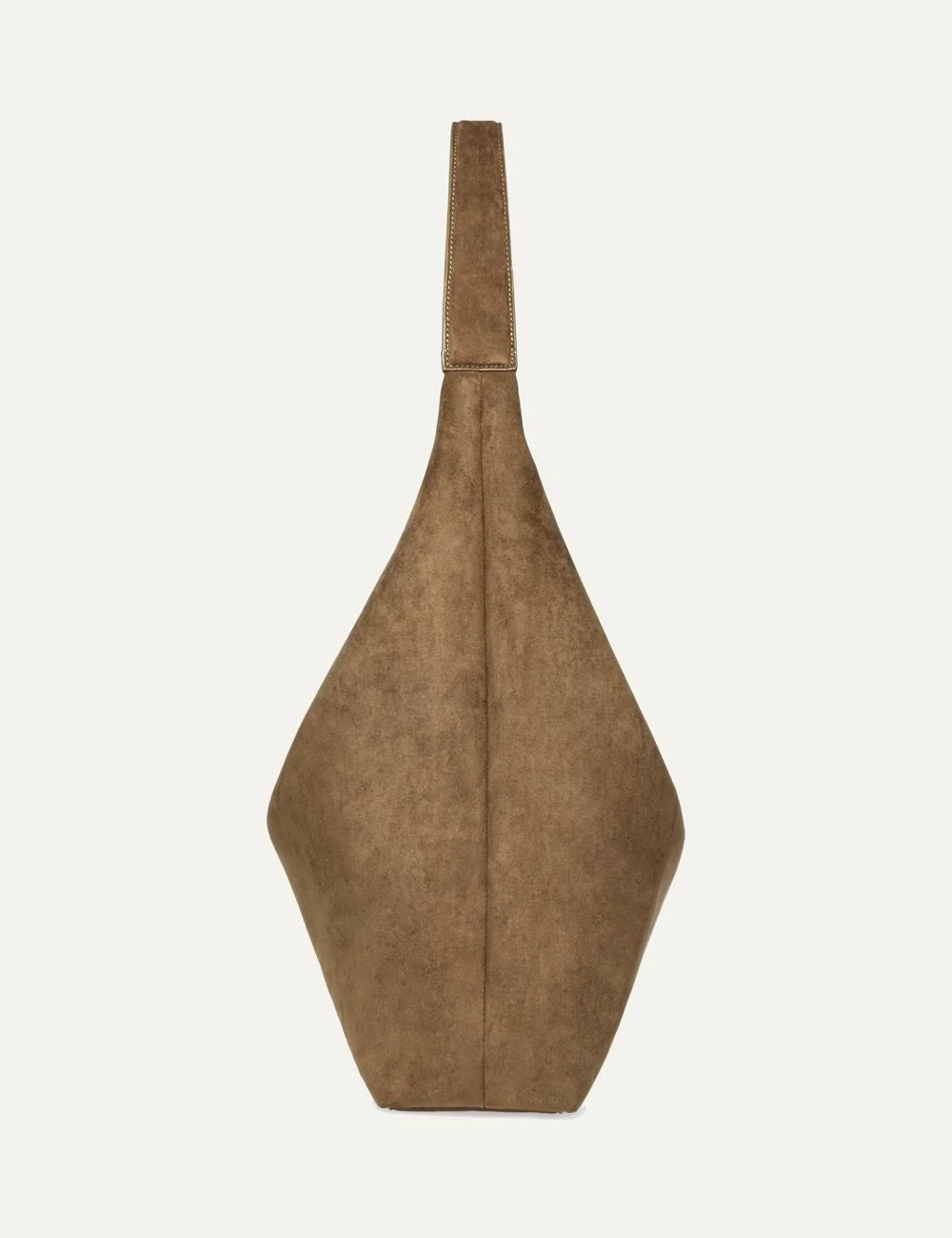 Steve Madden women's olive green suede effect fabric hobo shoulder bag with single long strap, deep U shaped opening, large front patch pocket and relaxed silhouette, side view