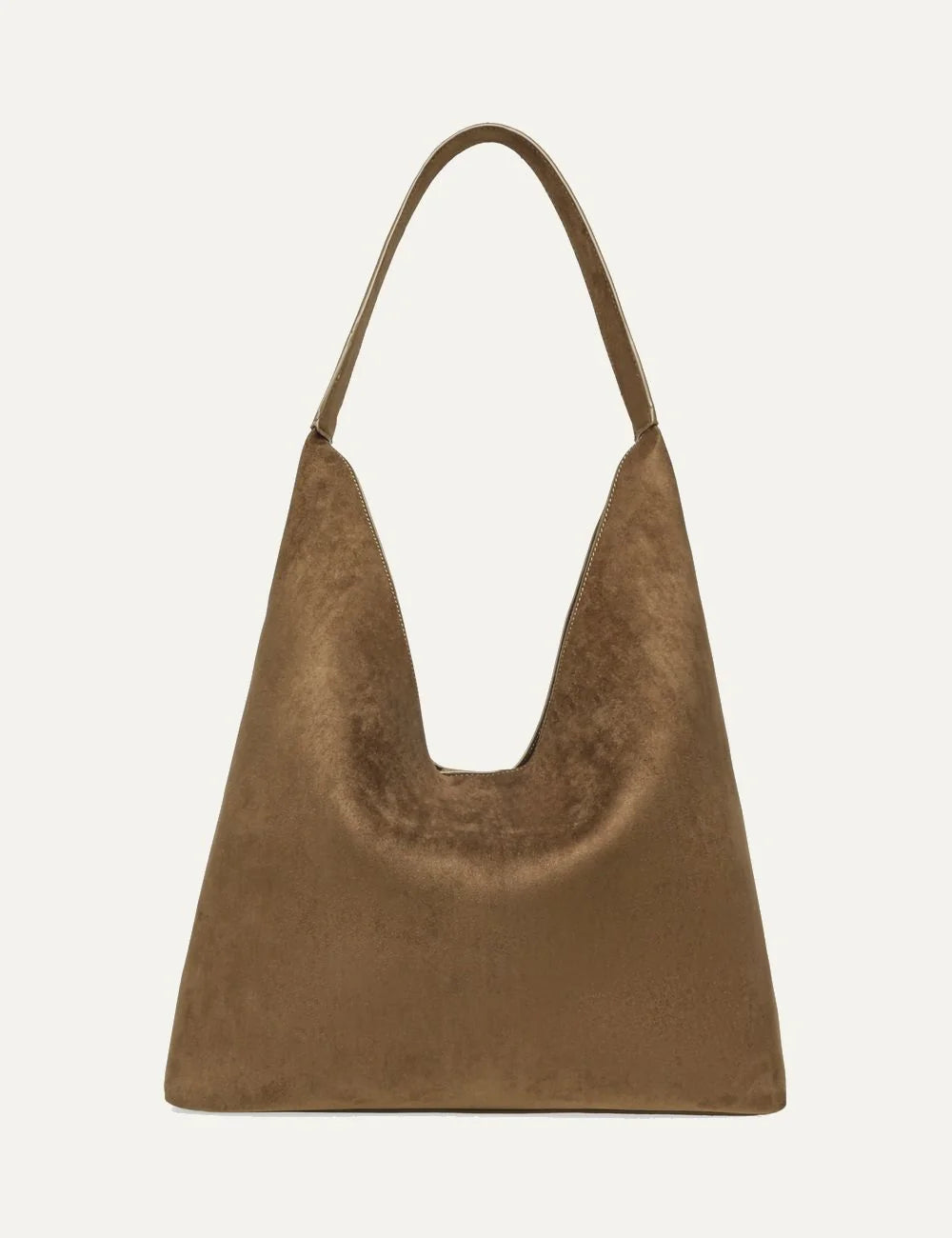 Steve Madden women's olive green suede effect fabric hobo shoulder bag with single long strap, deep U shaped opening, large front patch pocket and relaxed silhouette,  back view
