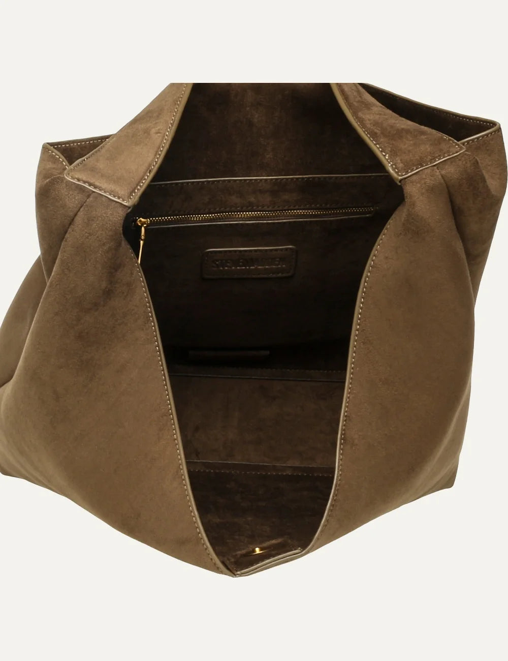Steve Madden women's olive green suede effect fabric hobo shoulder bag with single long strap, deep U shaped opening, large front patch pocket and relaxed silhouette, interior view