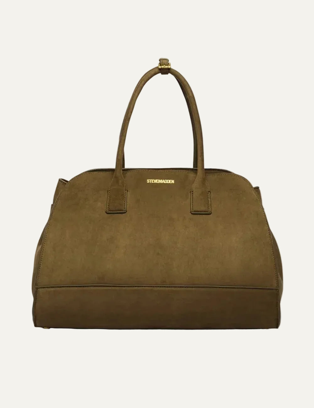 Steve Madden women's olive green suede leather structured handbag with rounded top, two fixed handles, gold tone hardware, subtle front logo and reinforced base, front view.