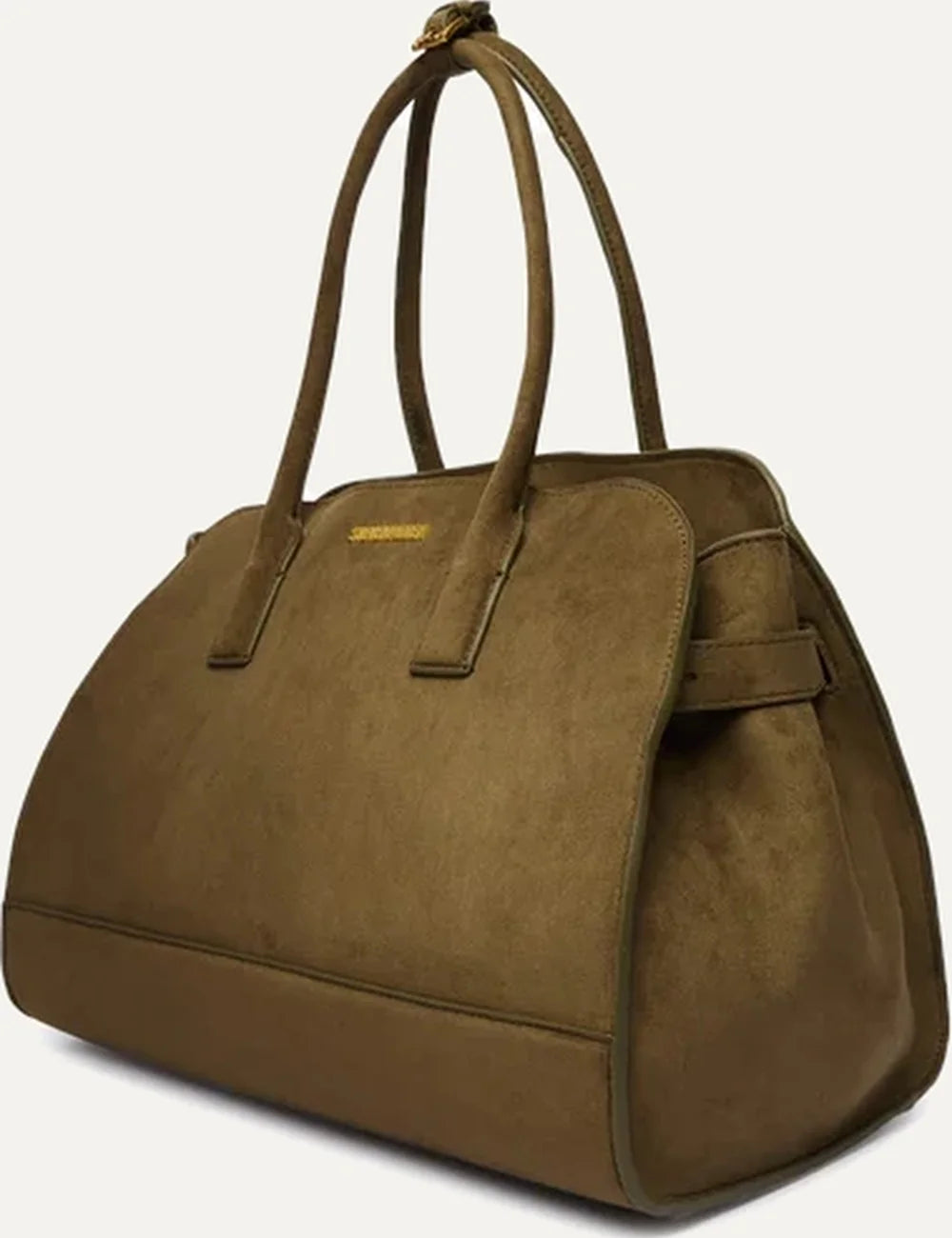 Steve Madden women's olive green suede leather structured handbag with rounded top, two fixed handles, gold tone hardware, subtle front logo and reinforced base,  side view