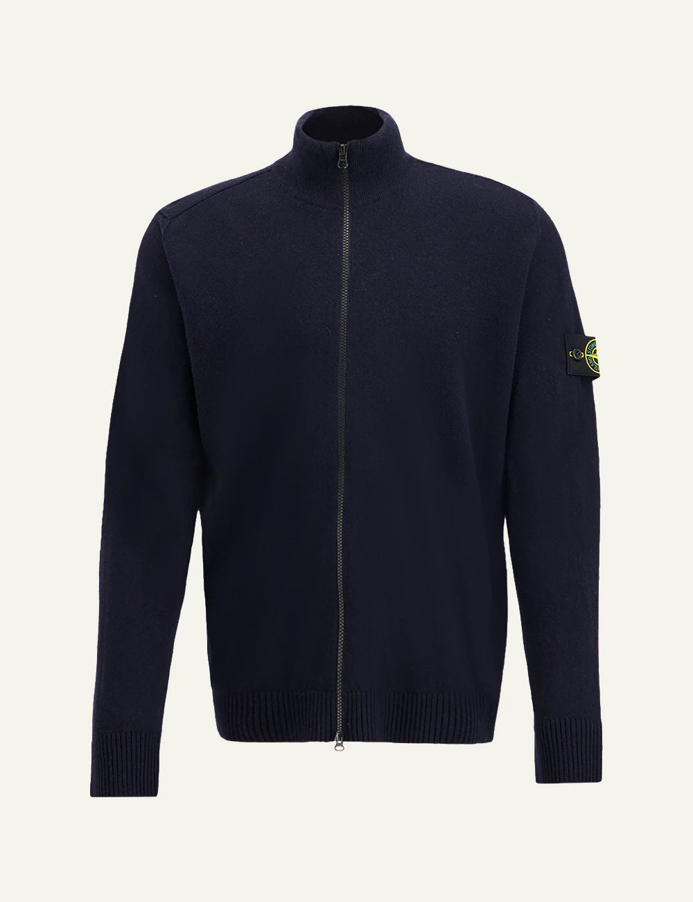 Men's Stone Island dark navy knitted zip-up cardigan with high collar and Compass logo patch