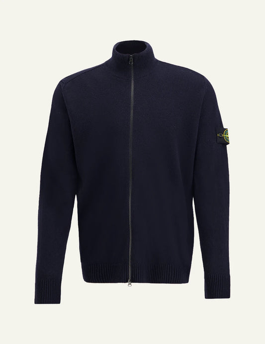 Men's Stone Island dark navy knitted zip-up cardigan with high collar and Compass logo patch