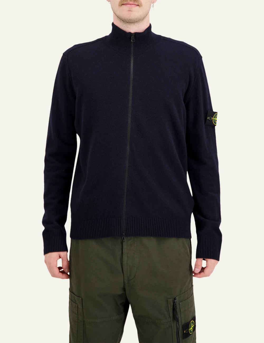 Men's Stone Island dark navy knitted zip-up cardigan with high collar and Compass logo patch full body