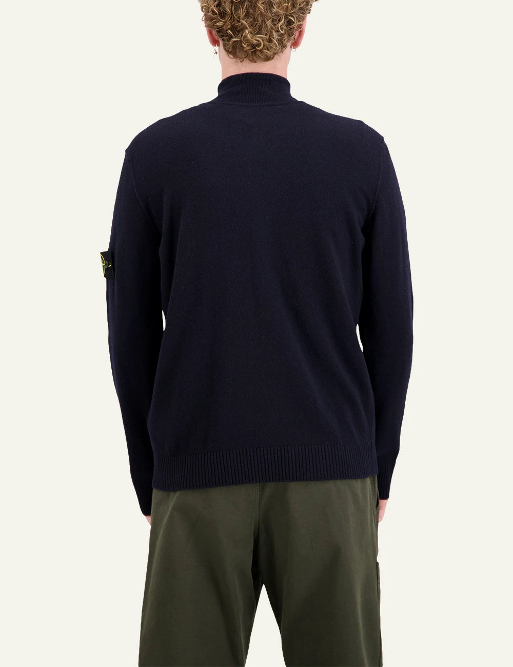 Men's Stone Island dark navy knitted zip-up cardigan with high collar and Compass logo patch back