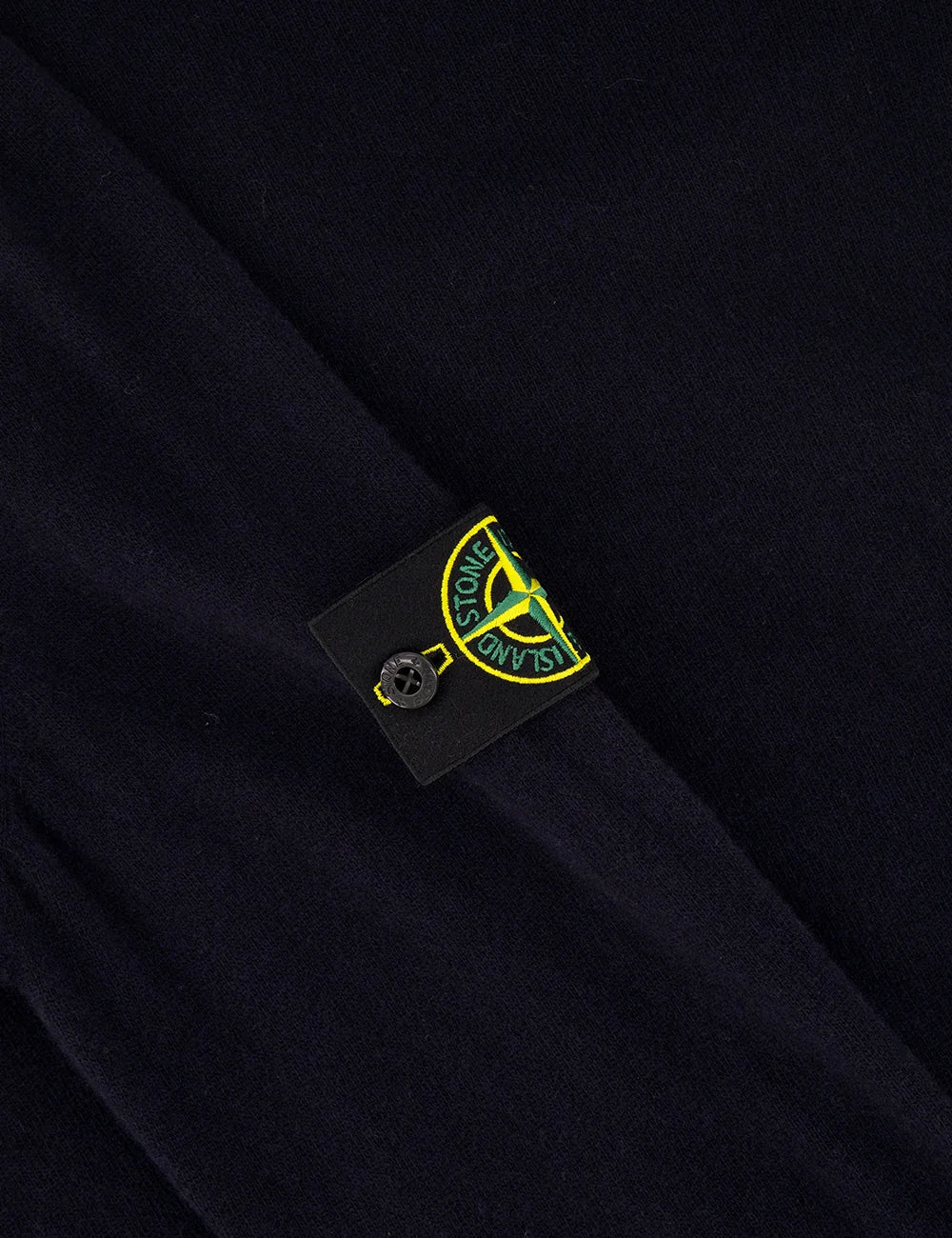 Men's Stone Island dark navy knitted zip-up cardigan with high collar and Compass logo patch logo detail
