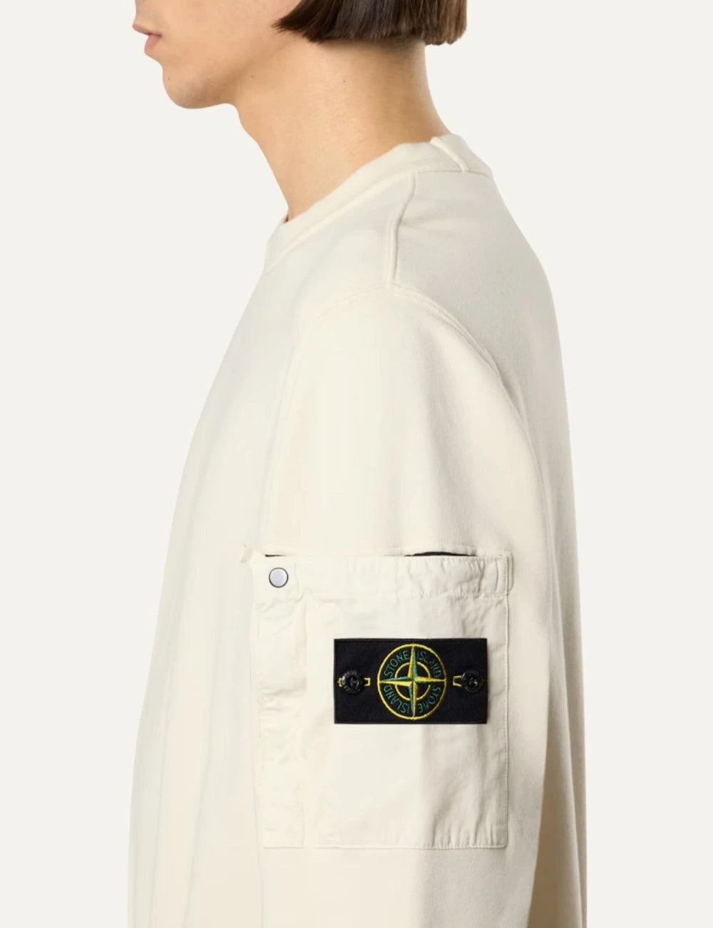 Stone Island crewneck sweatshirt ivory cotton fleece sleeve pocket detail side view logo patch detail