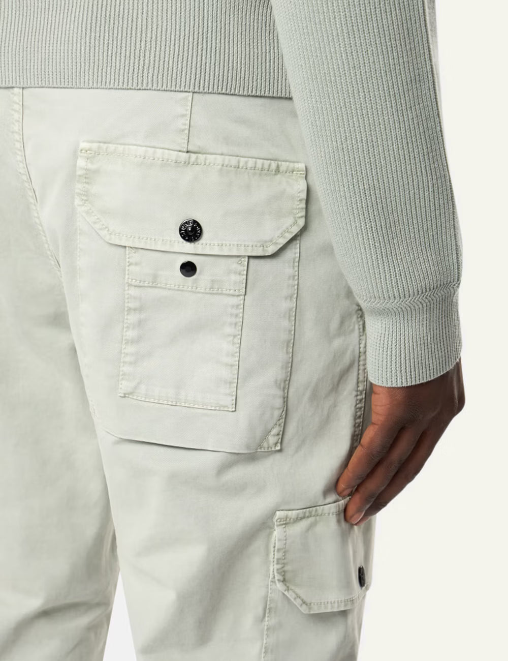 Stone Island cargo trousers in black with side pockets and logo patch pocket view