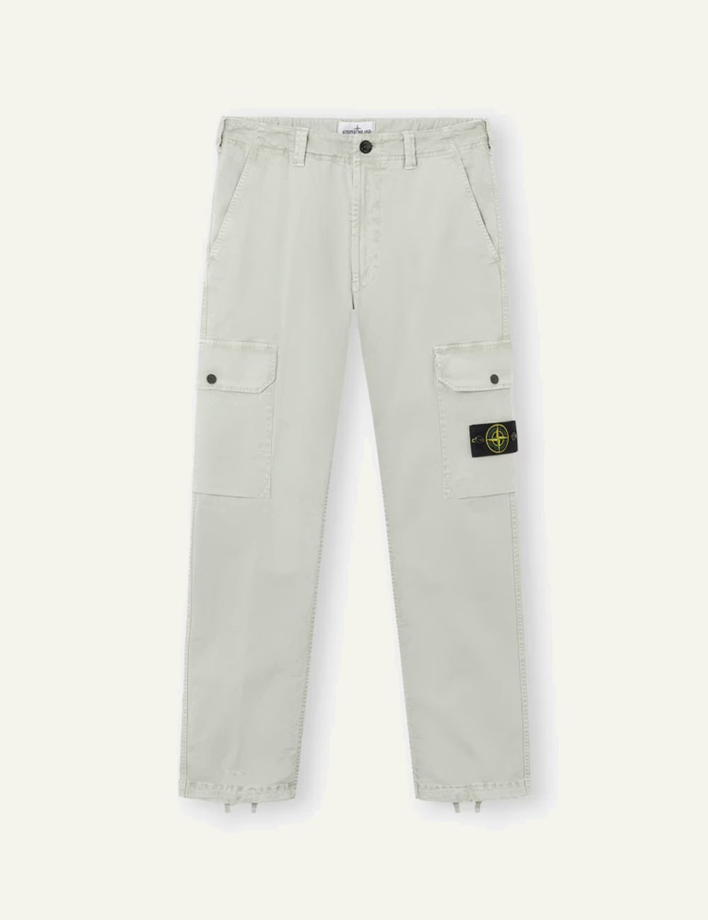 Stone Island cargo trousers in black with side pockets and logo patch front flat view