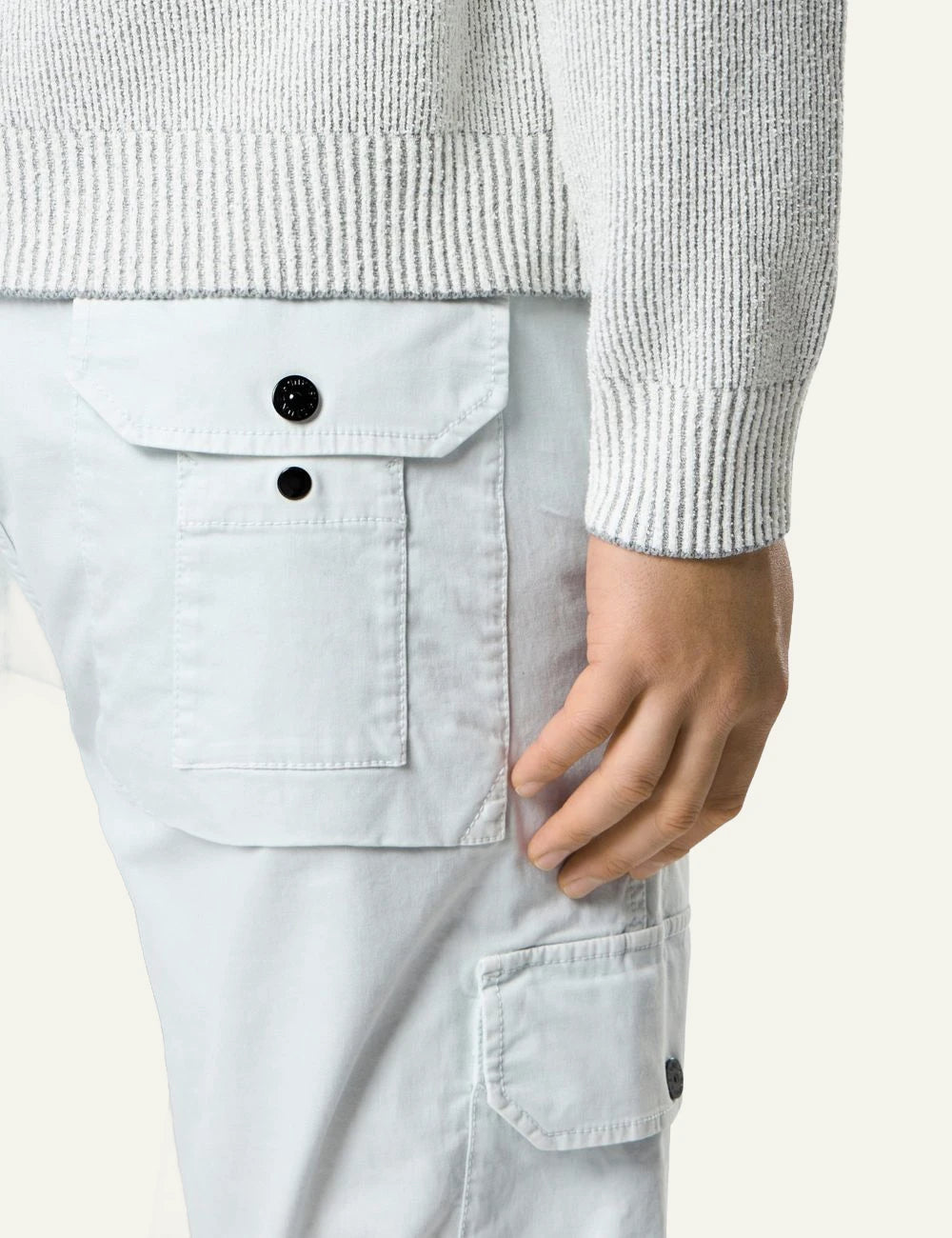 Stone Island cargo trousers in sky blue with side pockets and logo patch pocket view