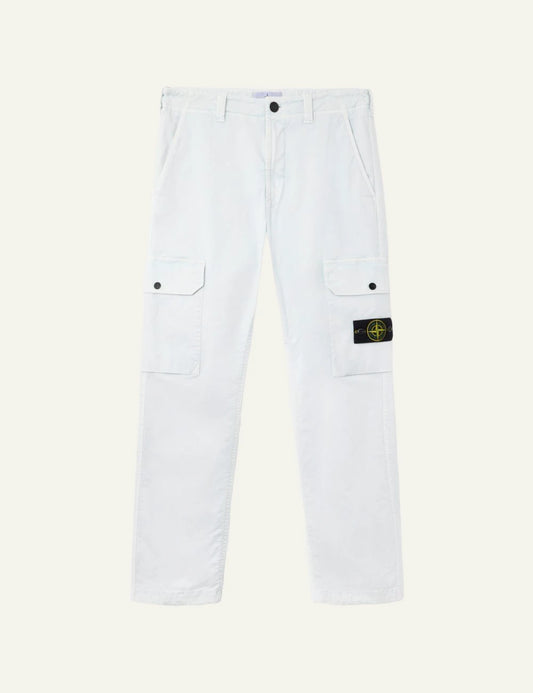 Stone Island cargo trousers in sky blue with side pockets and logo patch front flat view