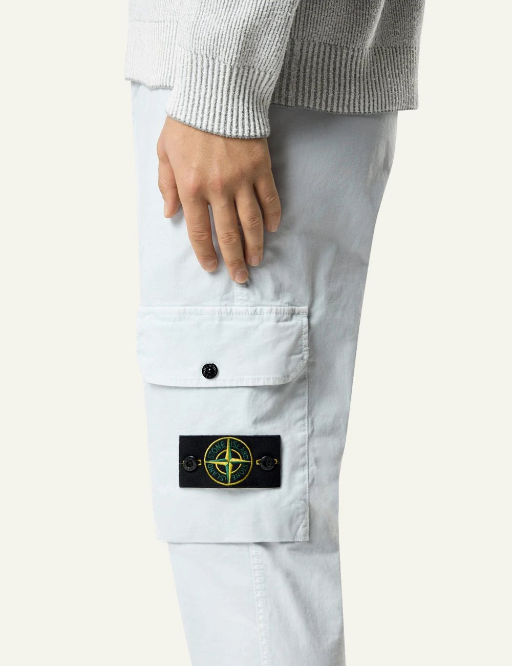 Stone Island cargo trousers in sky blue with side pockets and logo patch side logo view