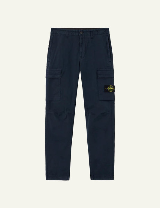 Stone Island cargo trousers navy blue stretch cotton twill compass patch pocket front flat view