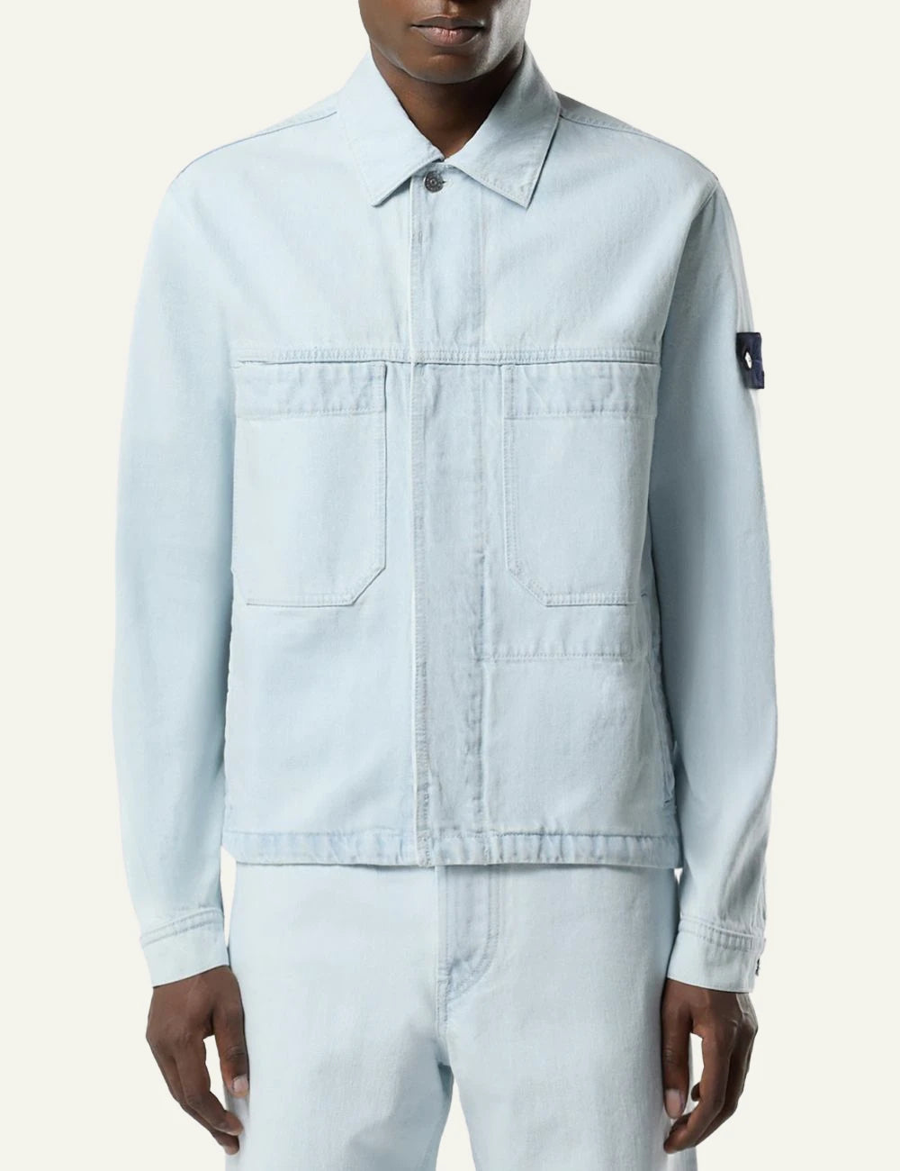 Stone Island coach jacket light blue denim bleached front model view