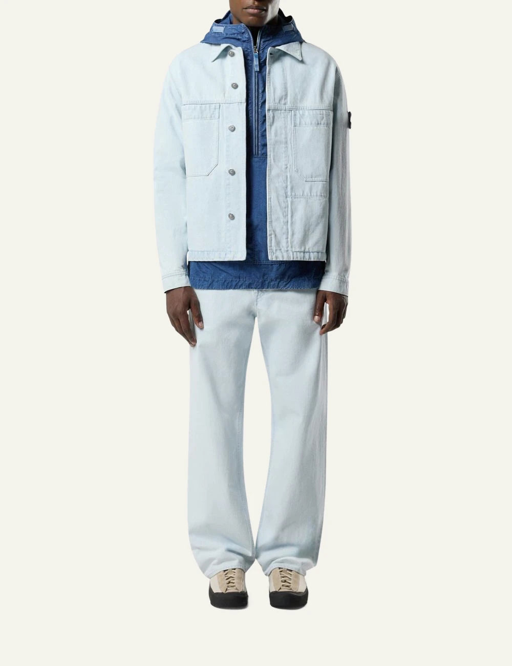 Stone Island coach jacket light blue denim bleached front full body view