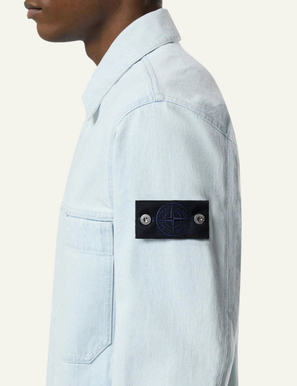 Stone Island coach jacket light blue denim bleached side logo view