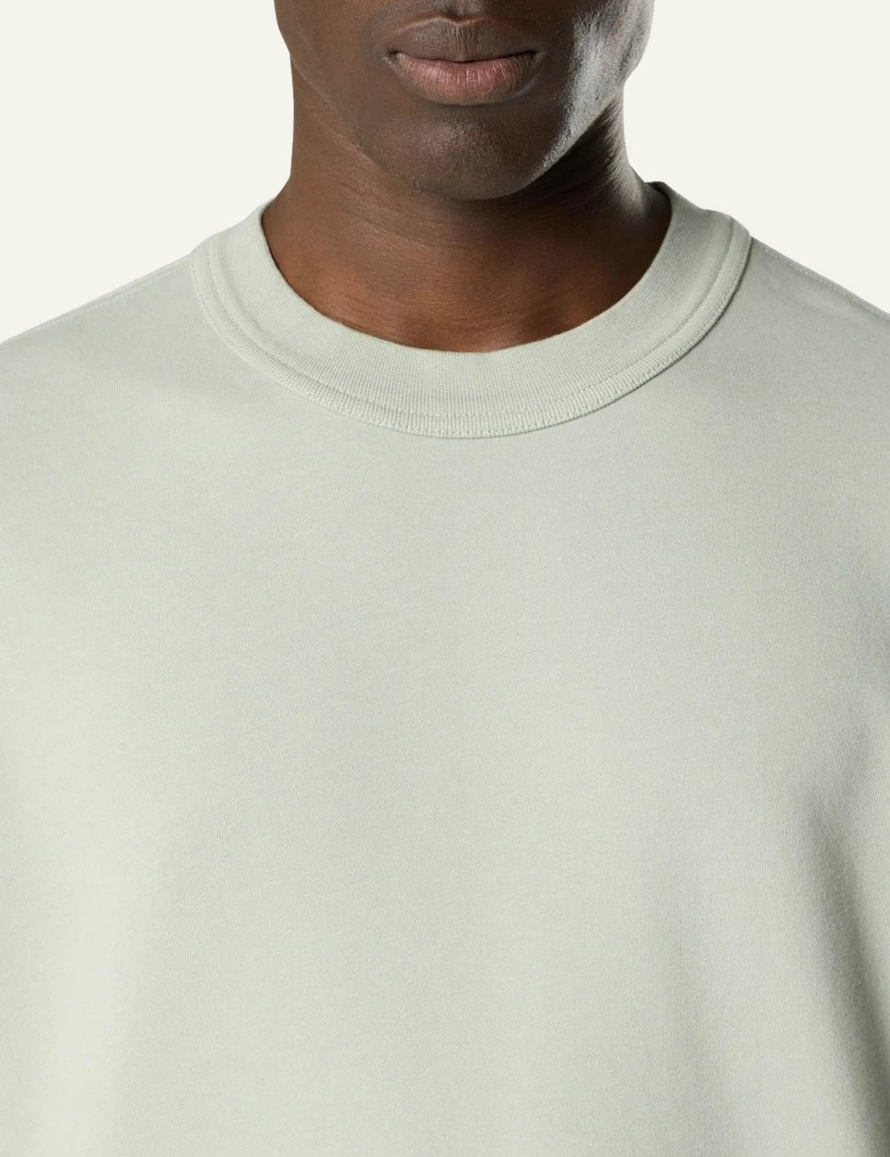 Stone Island cotton fleece sweatshirt sage green compass badge sleeve front detail view