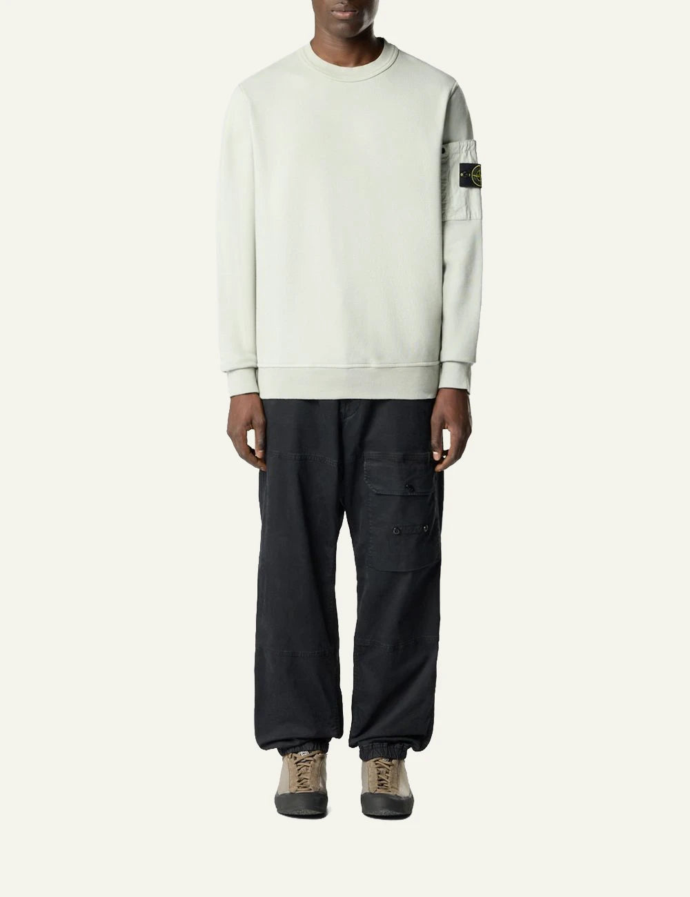 Stone Island cotton fleece sweatshirt sage green compass badge sleeve front full body view