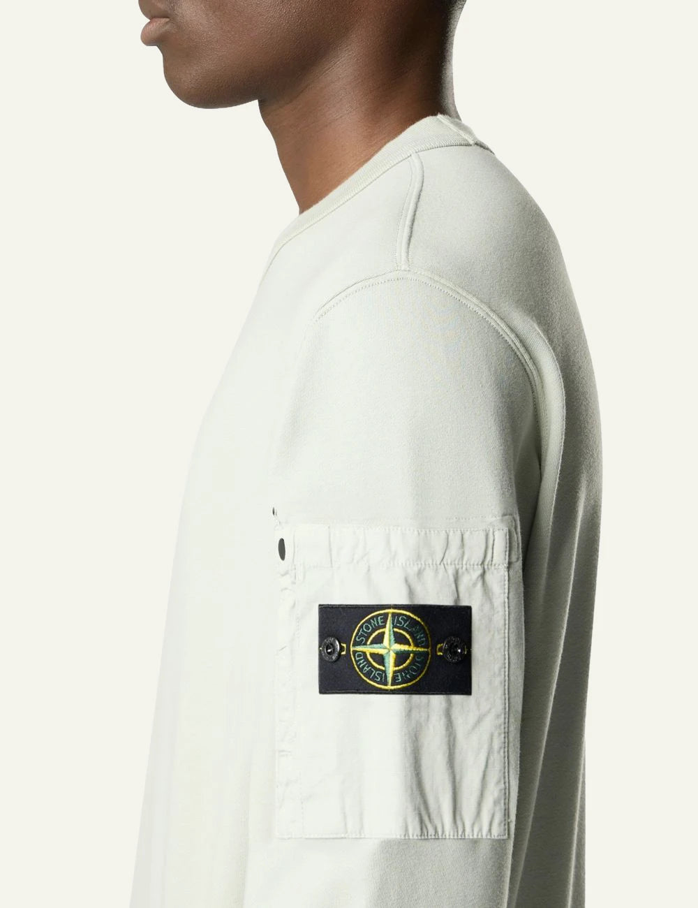 Stone Island cotton fleece sweatshirt sage green compass badge sleeve side view