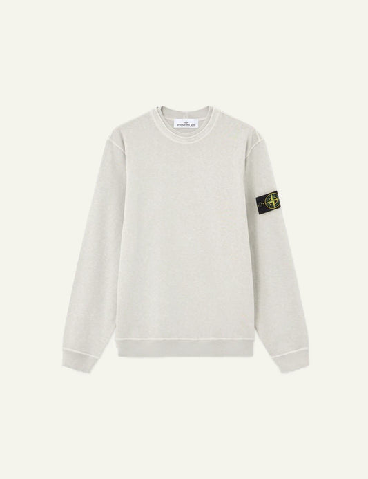 Stone Island crewneck sweatshirt pearl grey old effect malfile cotton fleece compass logo sleeve front flat view