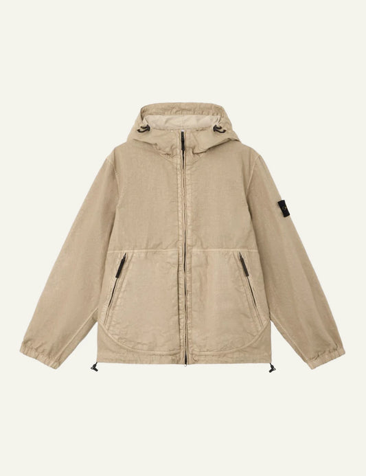 Stone Island hooded jacket desert nylon panama garment dyed zip pockets compass logo sleeve front flat view