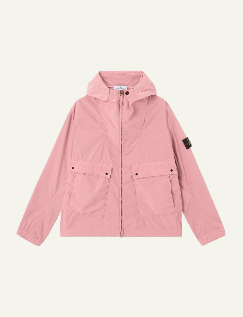 Stone Island hooded jacket in pink with front pockets and logo patch front view