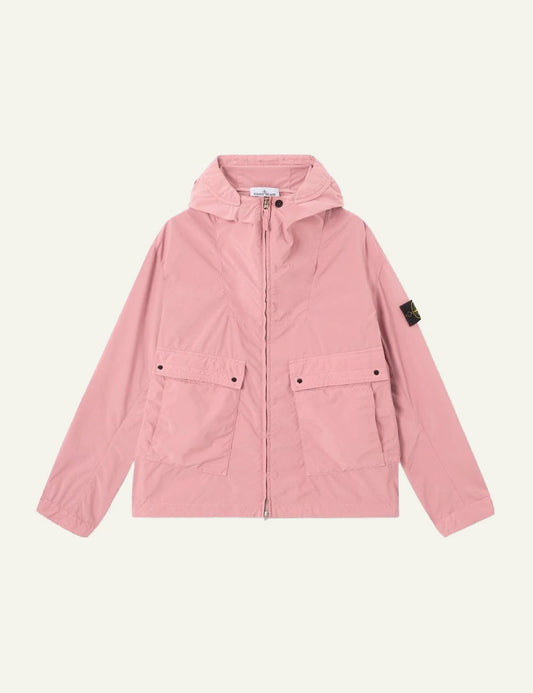 Stone Island hooded jacket in pink with front pockets and logo patch front view