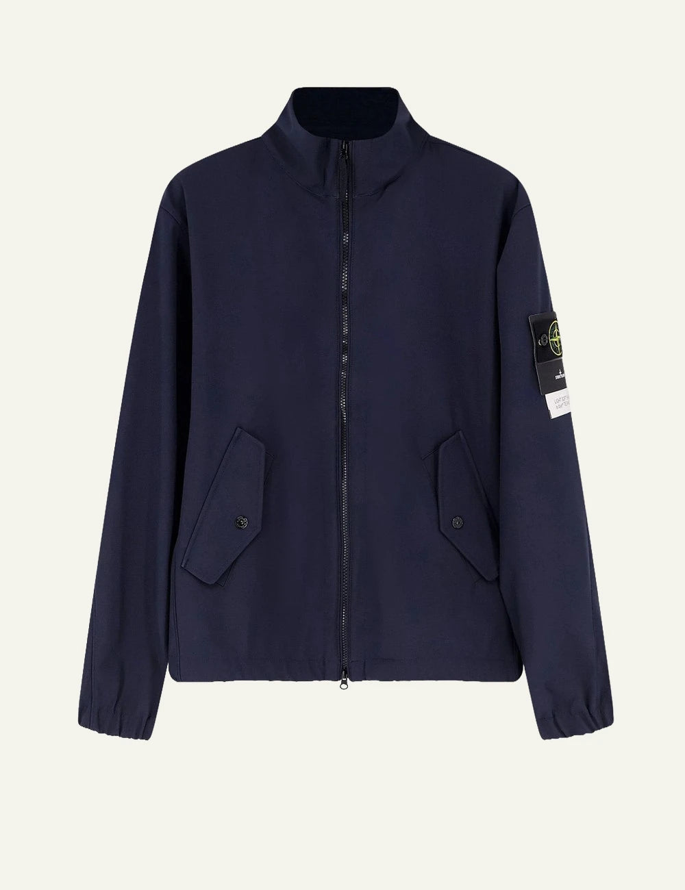 Stone Island navy zip jacket with flap pockets and compass badge front flat view