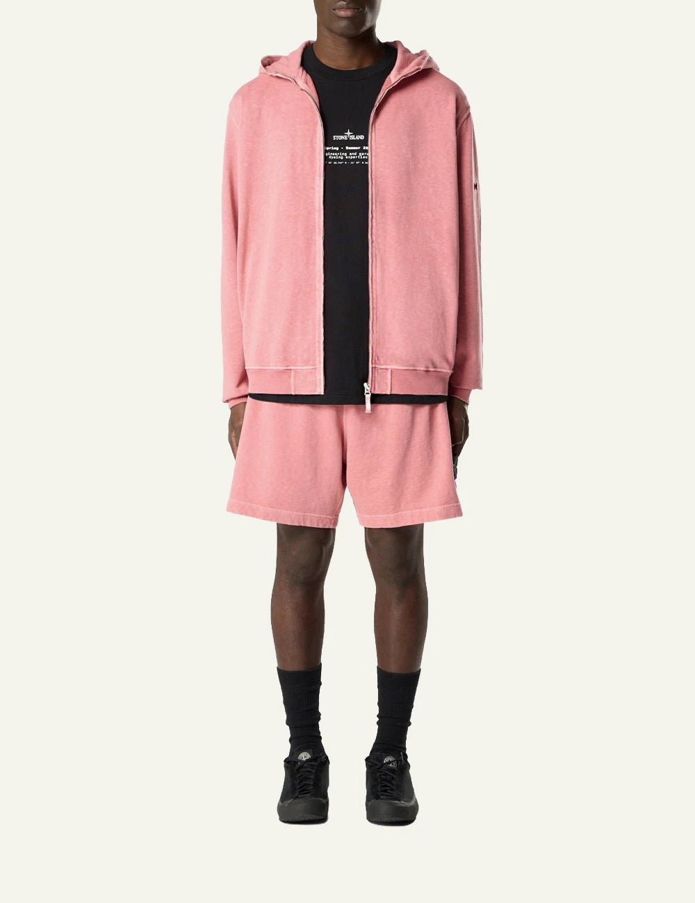 Stone Island pink fleece shorts with compass badge detail front full body view