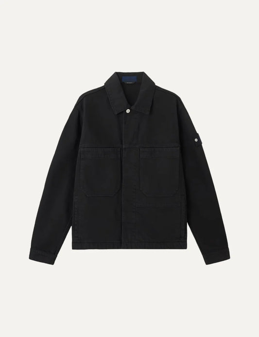 Stone Island men's black denim coach jacket with pointed collar, concealed button fastening, large front pockets and signature sleeve badge.