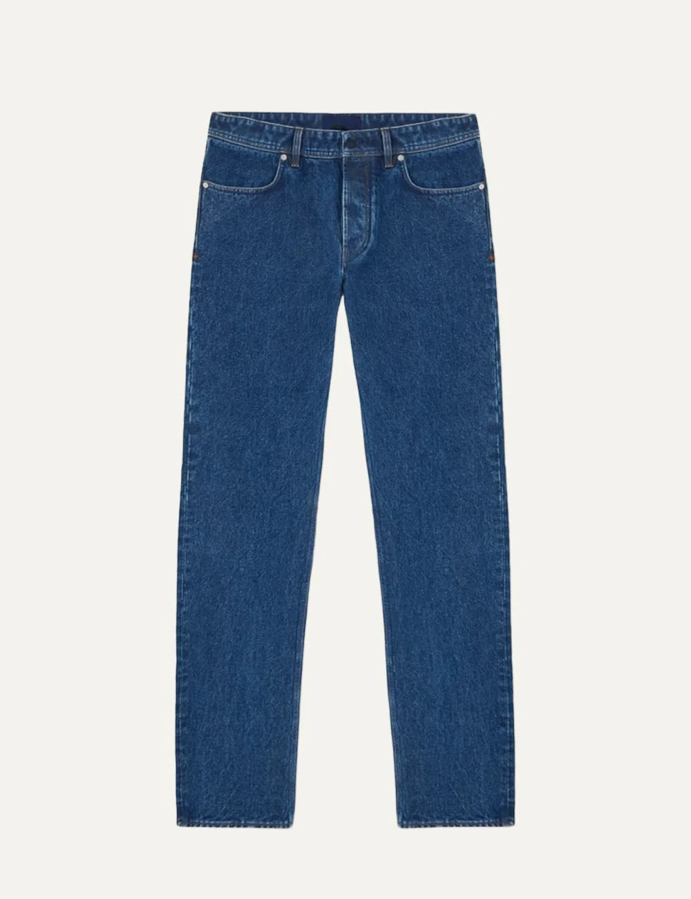 Stone Island men's blue regular straight fit jeans in medium grainy wash denim with five-pocket design and faded finish.