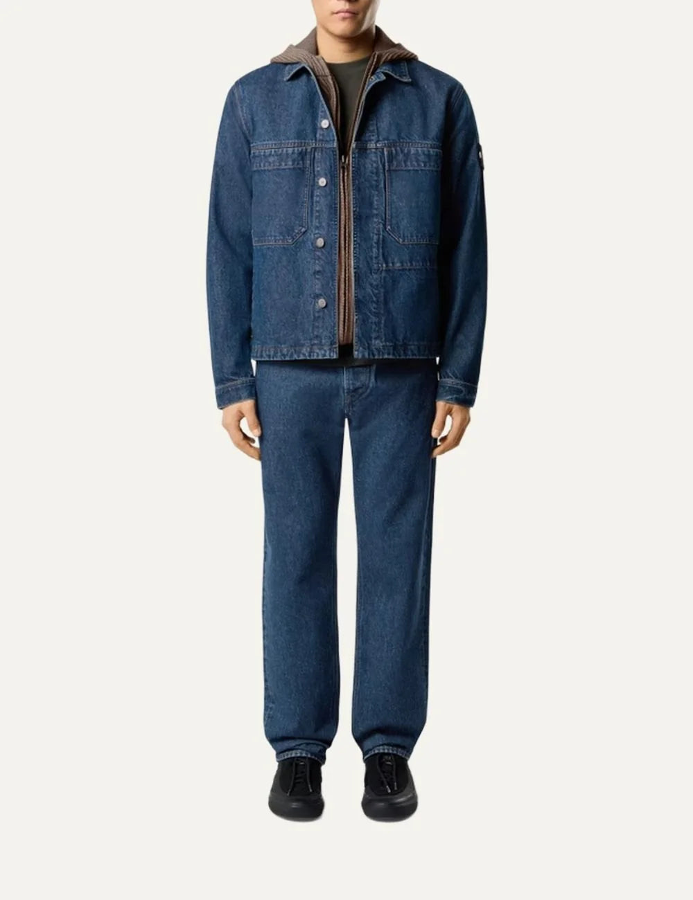 Stone Island men's blue regular straight fit jeans in medium grainy wash denim with five-pocket design and faded finish full body