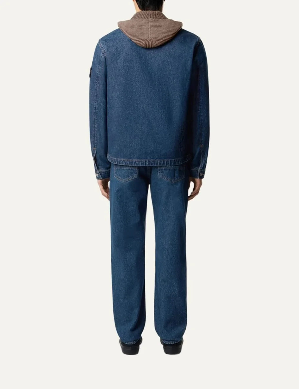 Stone Island men's blue regular straight fit jeans in medium grainy wash denim with five-pocket design and faded finish back