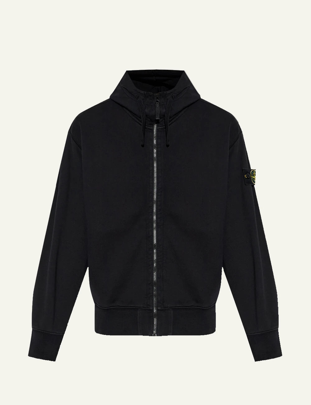 Men's Stone Island black cotton zip-up hooded sweatshirt with detachable Compass logo patch