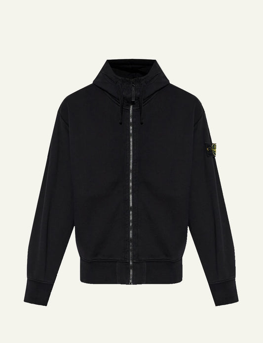 Men's Stone Island black cotton zip-up hooded sweatshirt with detachable Compass logo patch